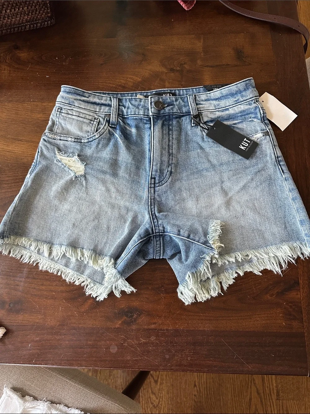 Kut from the Kloth Jane High Rise Long Short Light Blue Distressed Denim Shorts
